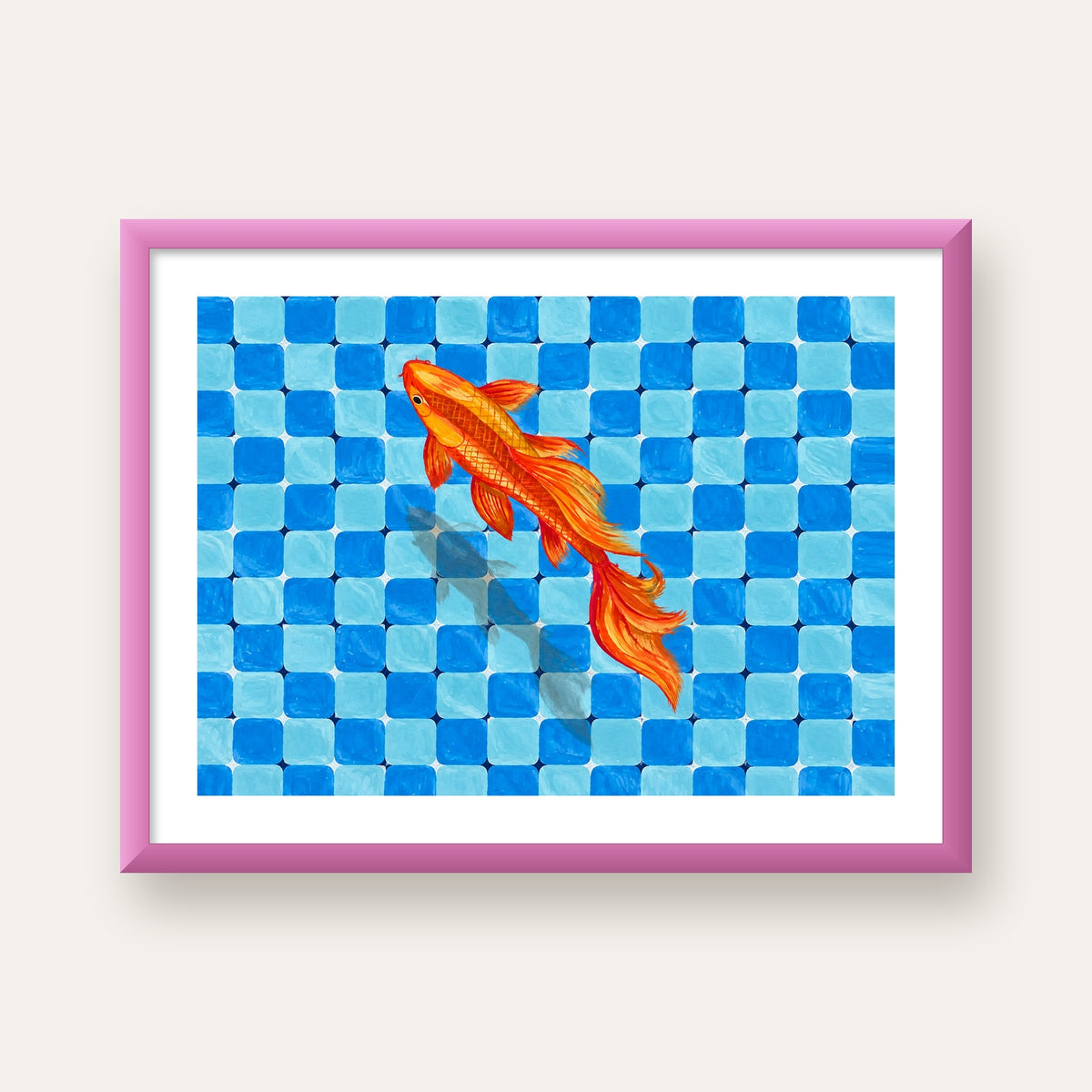 Turuncu Japon Balığı & Mozaik Zemin Poster – Modern Sanat Baskı — pembe çerçeveli paspartulu