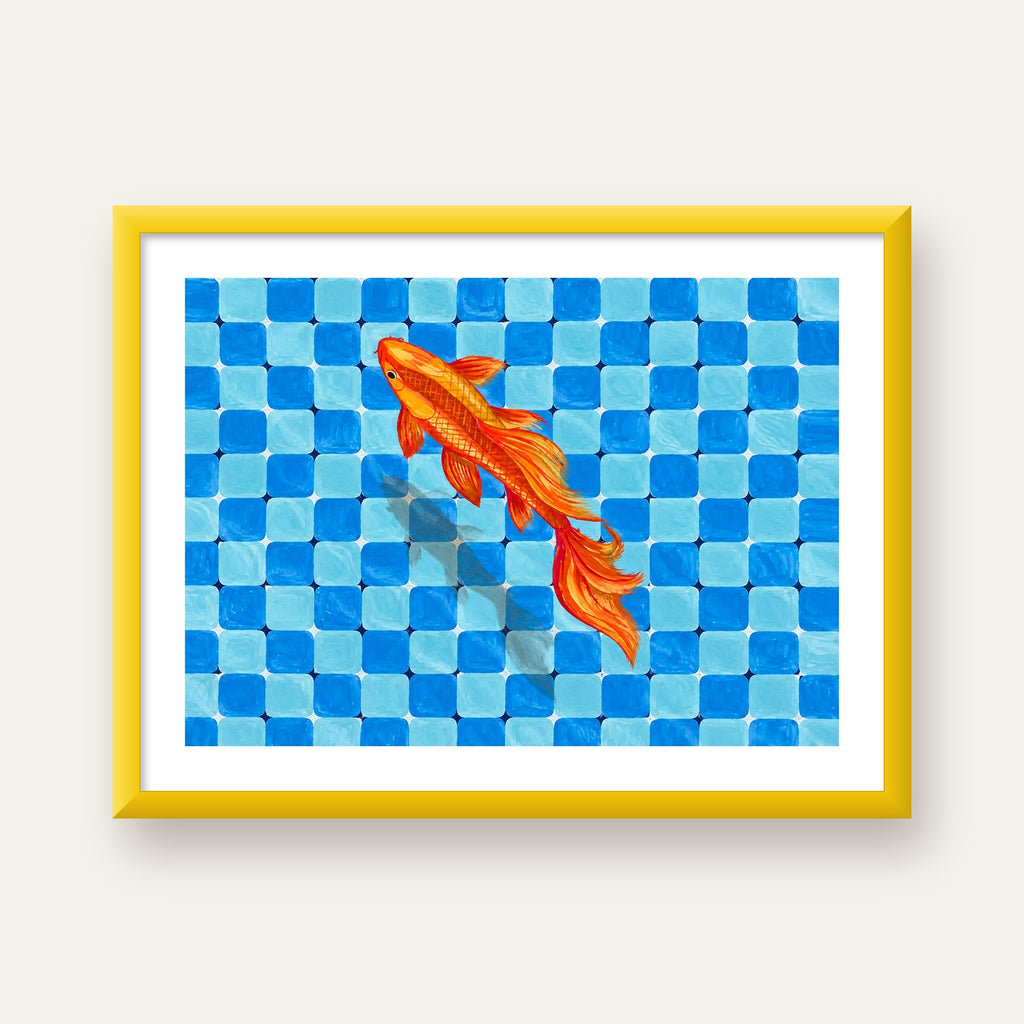 Turuncu Japon Balığı & Mozaik Zemin Poster – Modern Sanat Baskı — sarı çerçeveli paspartulu