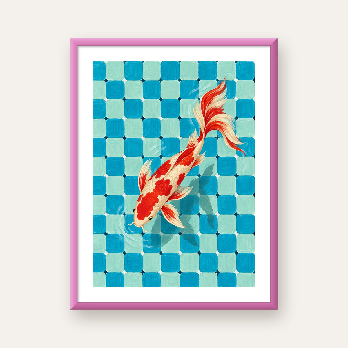 Kare Desenli Koi Balığı Poster – Mavi ve Kırmızı Dekor Baskısı — pembe çerçeveli paspartulu