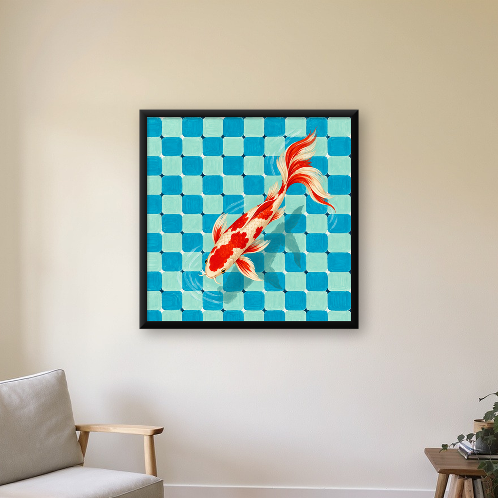 Kare Desenli Koi Balığı Poster – Mavi ve Kırmızı Dekor Baskısı — Kare baskı, çerçeveli hâliyle bir ev duvarında