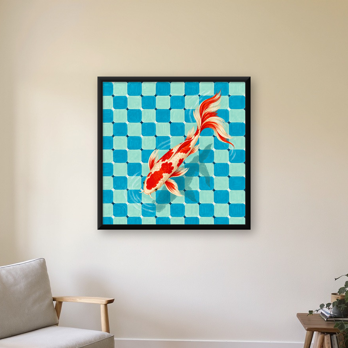 Kare Desenli Koi Balığı Poster – Mavi ve Kırmızı Dekor Baskısı — Kare baskı, çerçeveli hâliyle bir ev duvarında