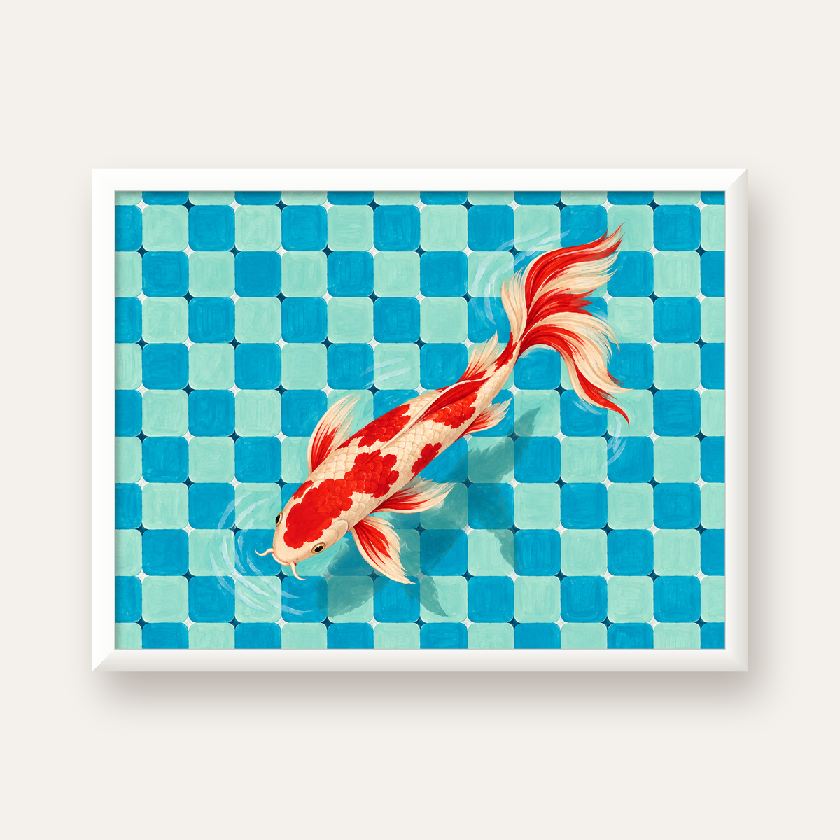 Kare Desenli Koi Balığı Poster – Mavi ve Kırmızı Dekor Baskısı — beyaz çerçeveli yatay poster