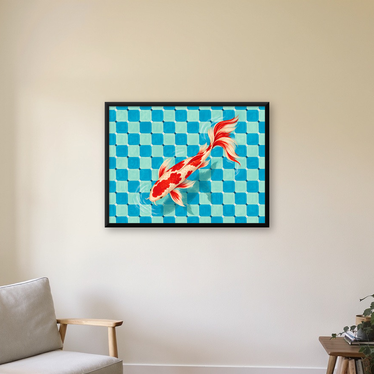 Kare Desenli Koi Balığı Poster – Mavi ve Kırmızı Dekor Baskısı — Yatay baskı, çerçeveli hâliyle bir ev duvarında