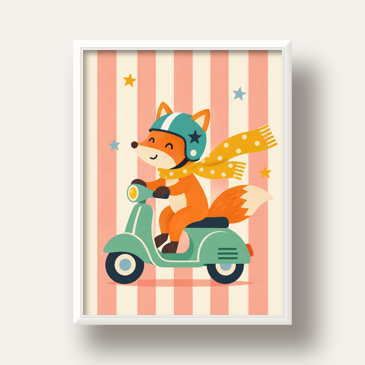 Çocuk Odası İçin Motorlu Tilki İllüstrasyon Poster — beyaz derin çerçeveli