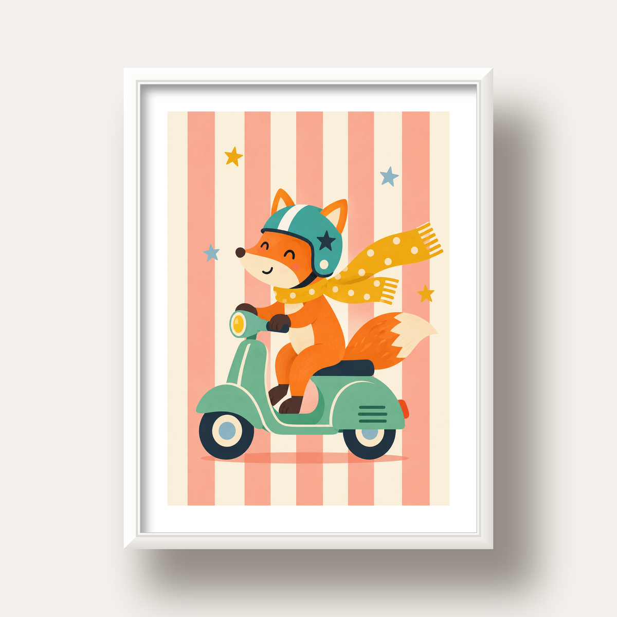 Çocuk Odası İçin Motorlu Tilki İllüstrasyon Poster — beyaz derin çerçeveli paspartulu