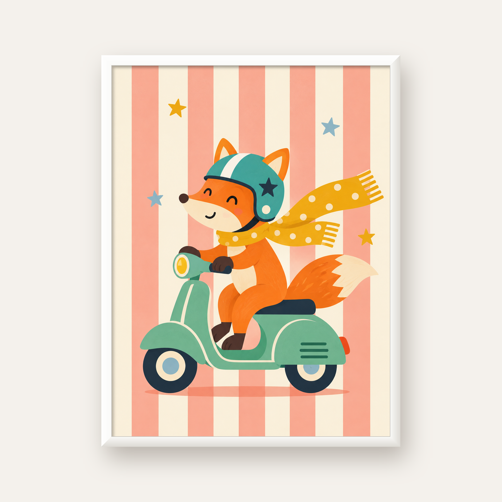 Çocuk Odası İçin Motorlu Tilki İllüstrasyon Poster — beyaz çerçeveli dikey poster