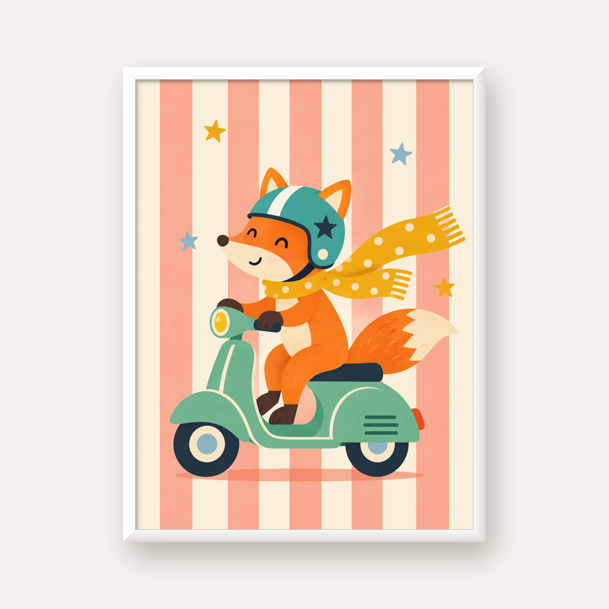 Çocuk Odası İçin Motorlu Tilki İllüstrasyon Poster — beyaz çerçeveli dikey poster