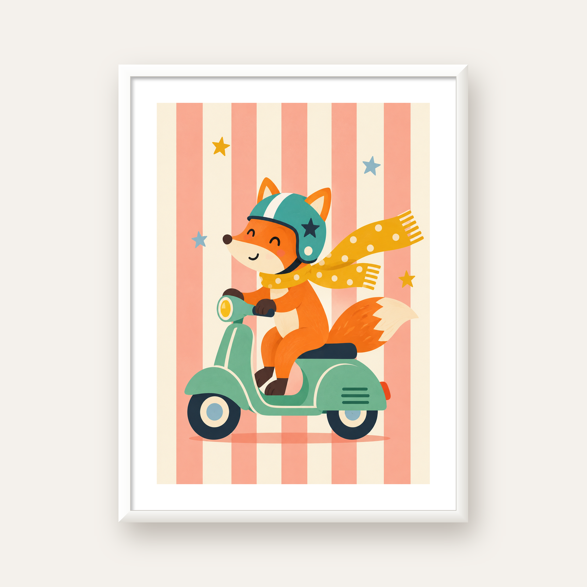 Çocuk Odası İçin Motorlu Tilki İllüstrasyon Poster — beyaz çerçeveli dikey poster