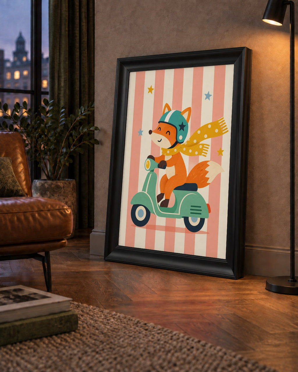 Çocuk Odası İçin Motorlu Tilki İllüstrasyon Poster — çerçeveli hâliyle bir ev duvarında