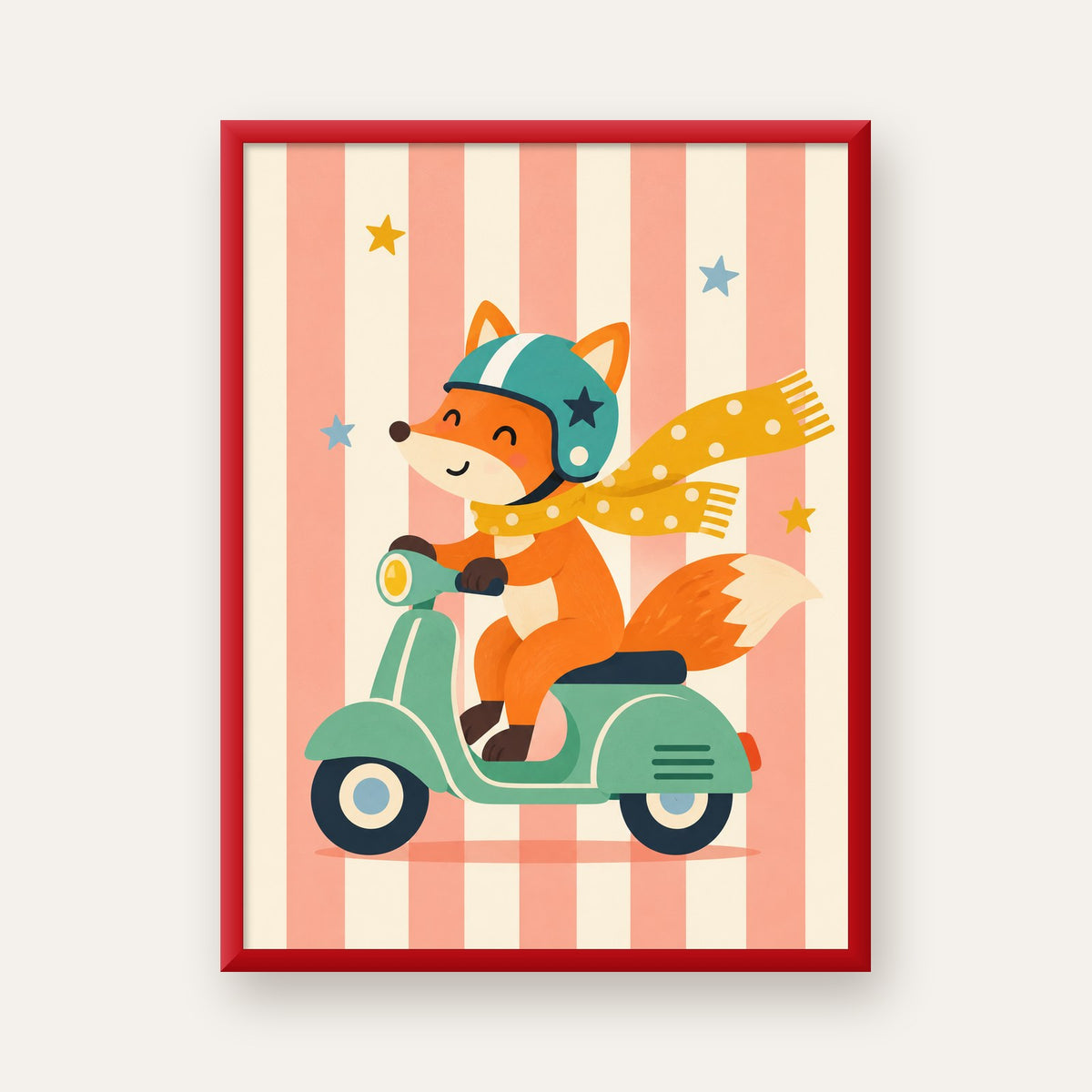 Çocuk Odası İçin Motorlu Tilki İllüstrasyon Poster — kırmızı çerçeveli