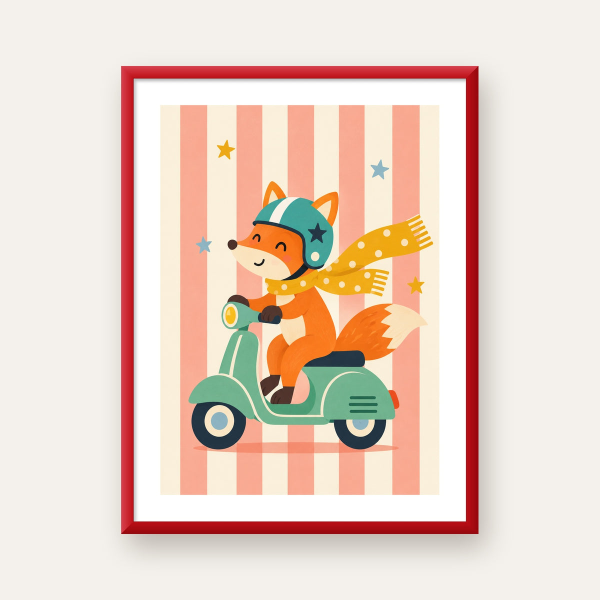 Çocuk Odası İçin Motorlu Tilki İllüstrasyon Poster — kırmızı çerçeveli paspartulu
