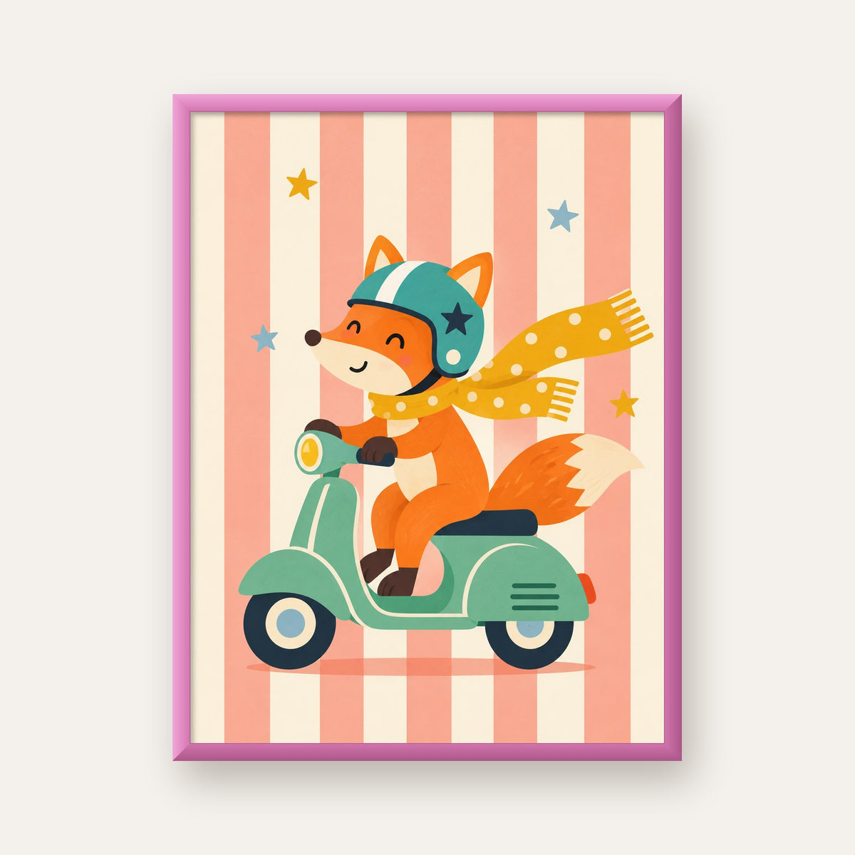 Çocuk Odası İçin Motorlu Tilki İllüstrasyon Poster — pembe çerçeveli
