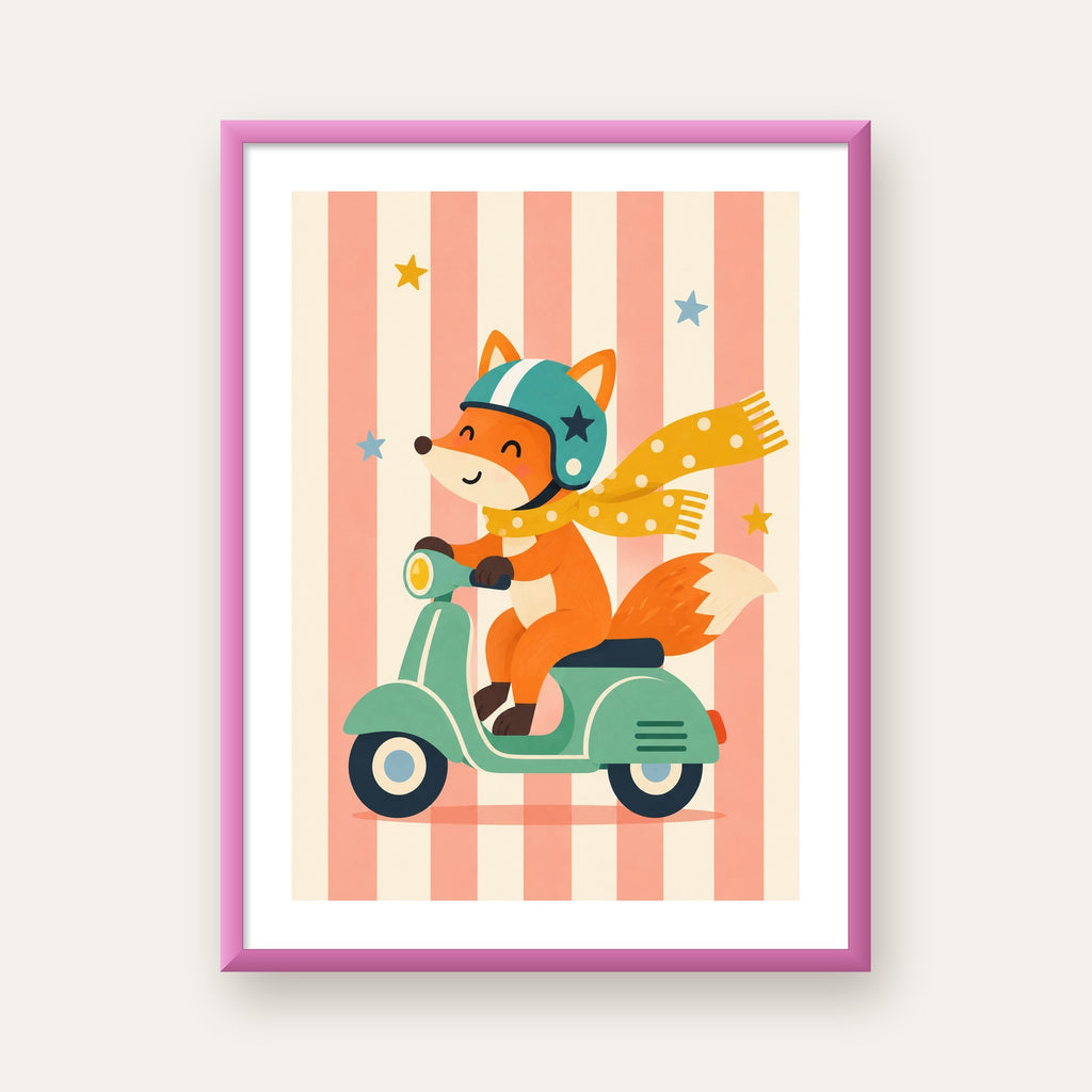Çocuk Odası İçin Motorlu Tilki İllüstrasyon Poster — pembe çerçeveli paspartulu