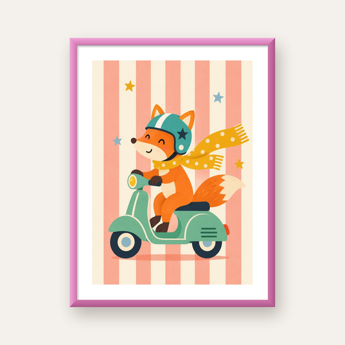 Çocuk Odası İçin Motorlu Tilki İllüstrasyon Poster — pembe çerçeveli paspartulu