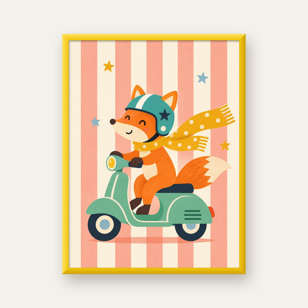 Çocuk Odası İçin Motorlu Tilki İllüstrasyon Poster — sarı çerçeveli