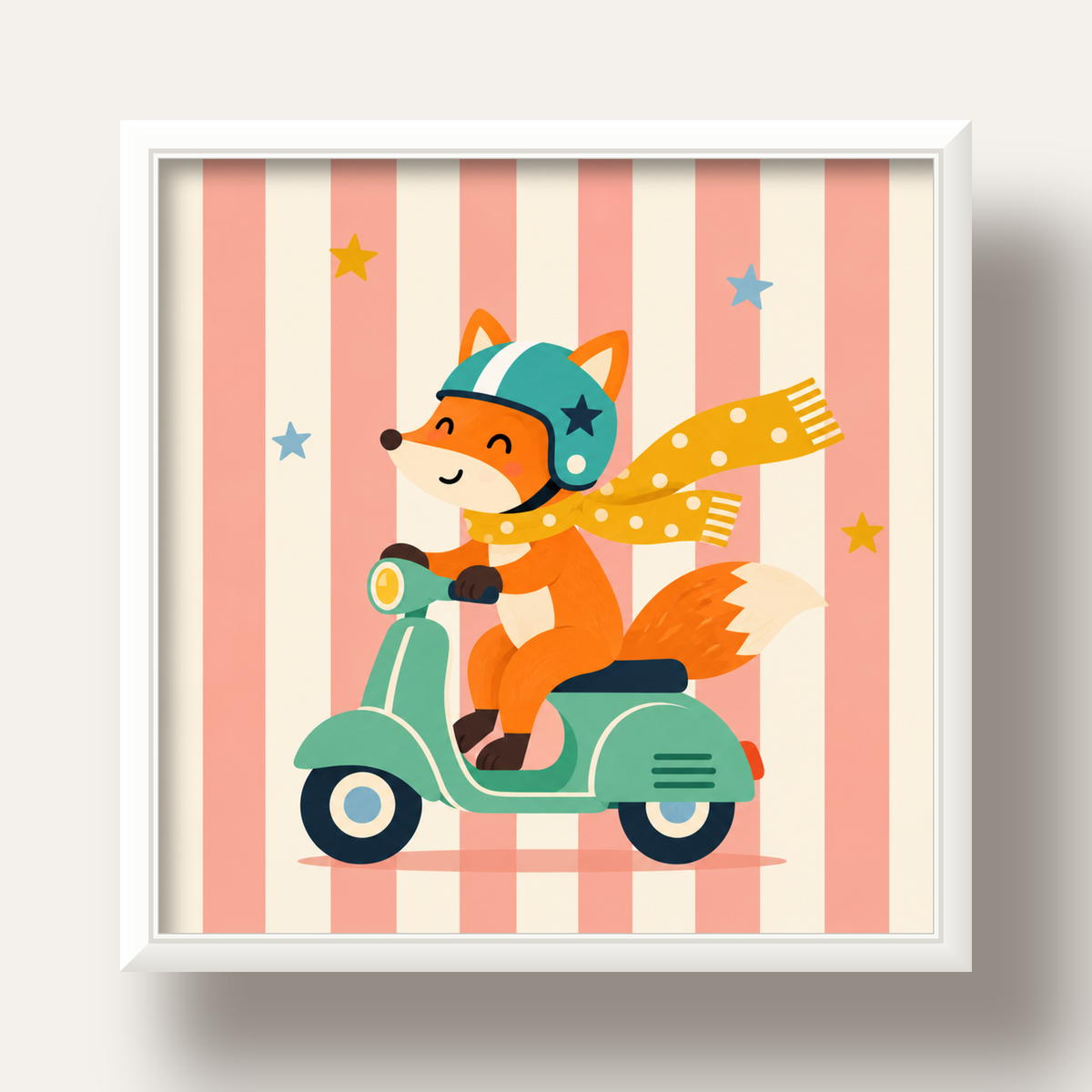 Çocuk Odası İçin Motorlu Tilki İllüstrasyon Poster — beyaz derin çerçeveli