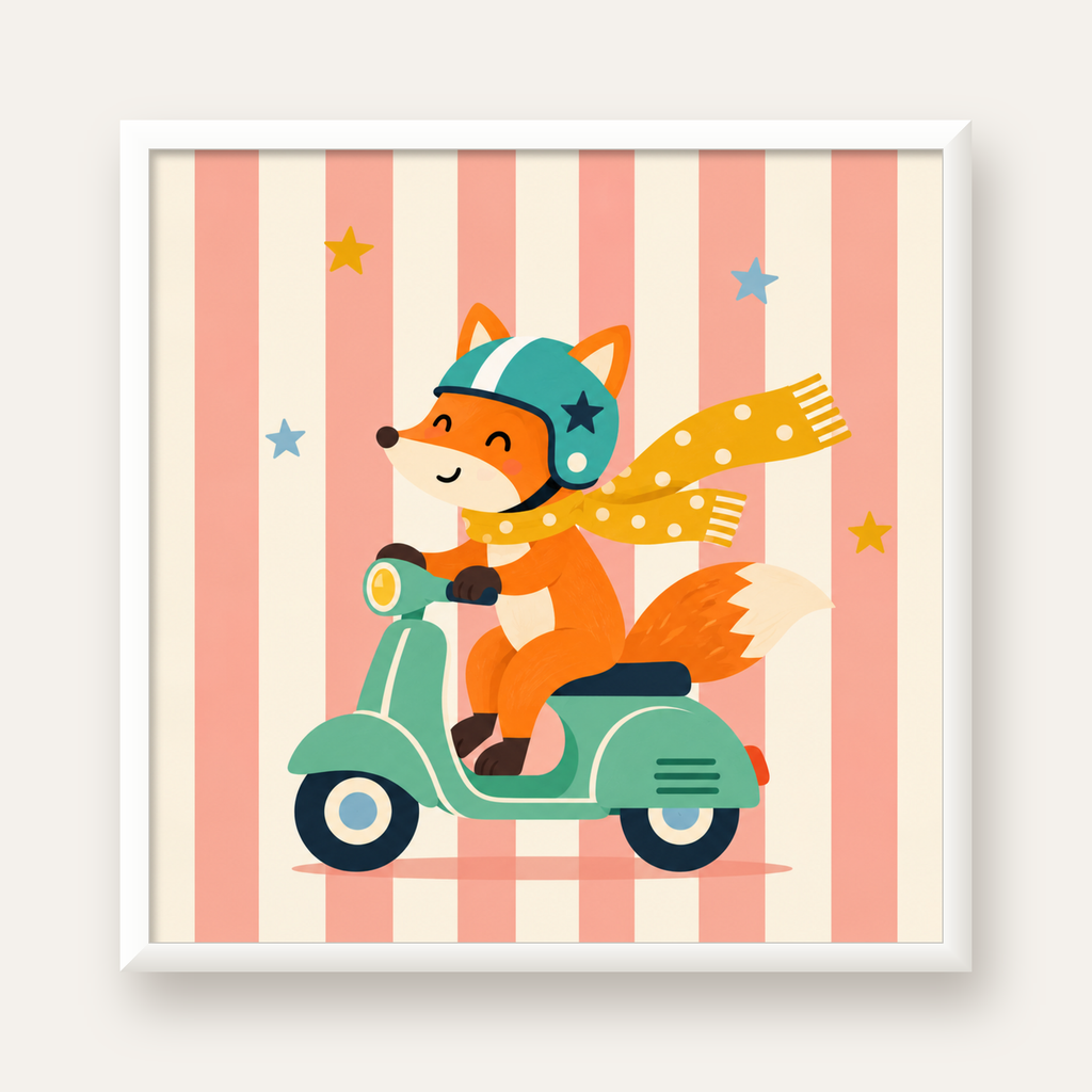 Çocuk Odası İçin Motorlu Tilki İllüstrasyon Poster — beyaz çerçeveli kare poster