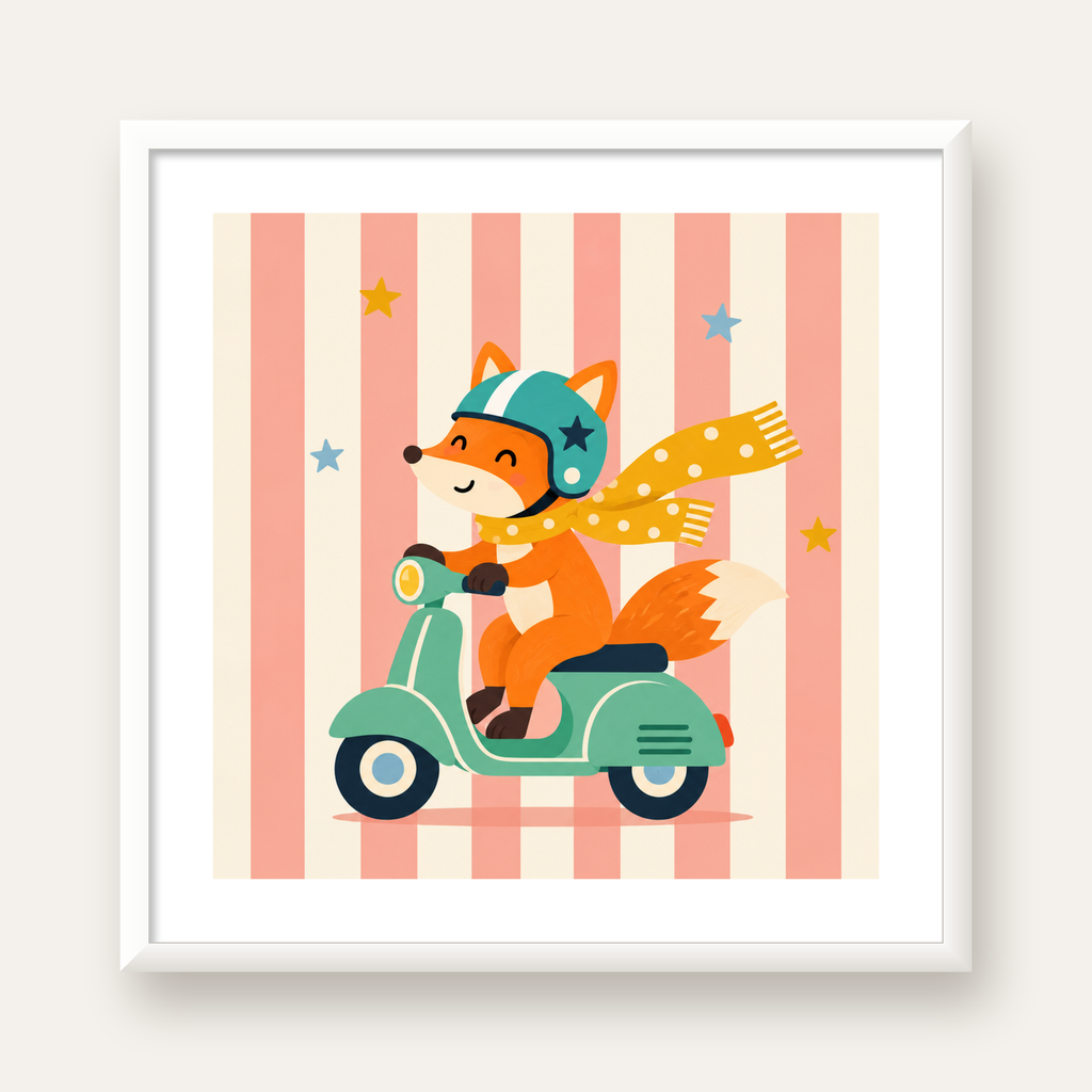 Çocuk Odası İçin Motorlu Tilki İllüstrasyon Poster — beyaz çerçeveli kare poster