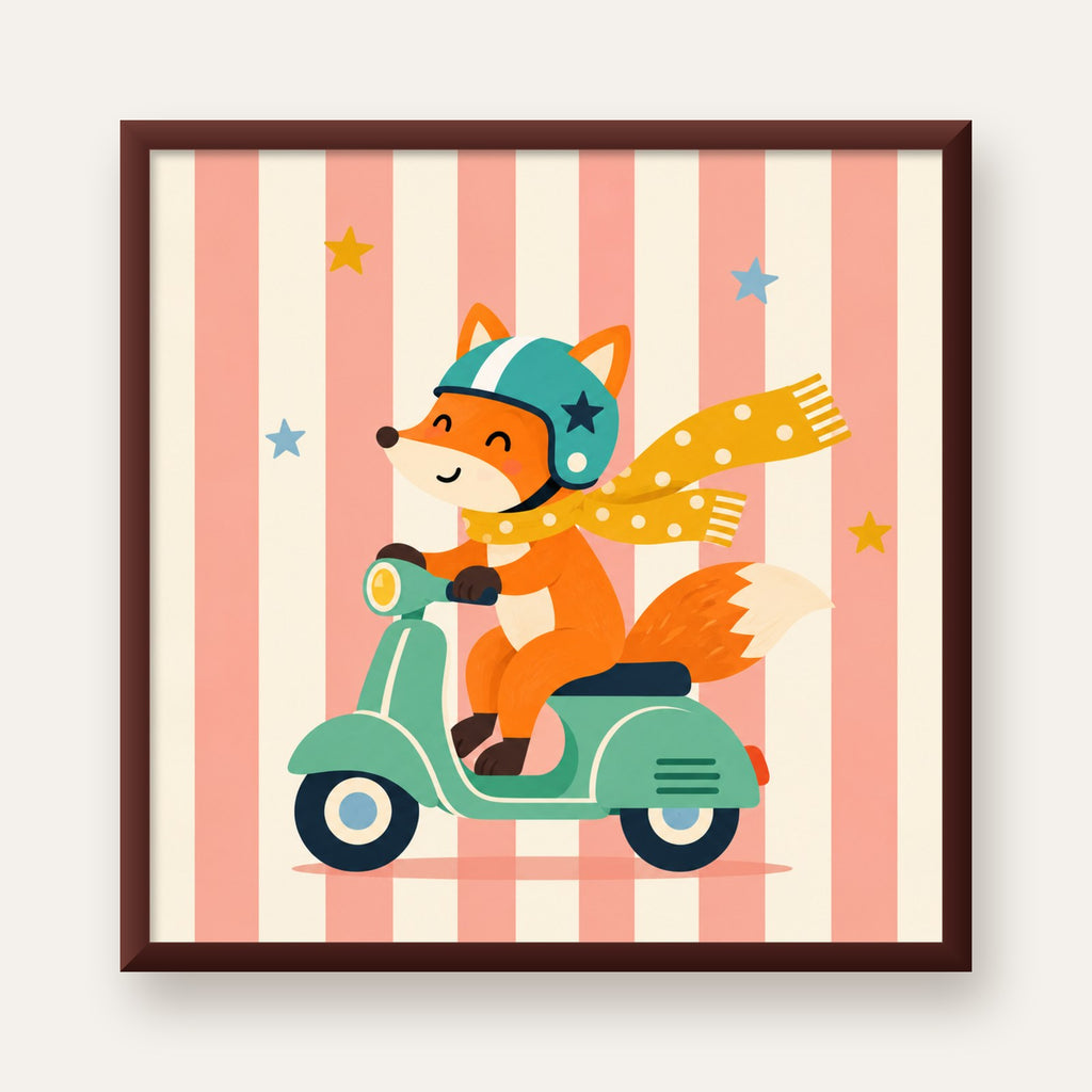 Çocuk Odası İçin Motorlu Tilki İllüstrasyon Poster — ceviz çerçeveli