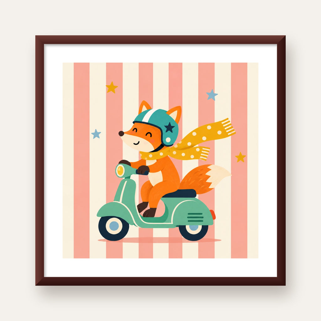 Çocuk Odası İçin Motorlu Tilki İllüstrasyon Poster — ceviz çerçeveli paspartulu