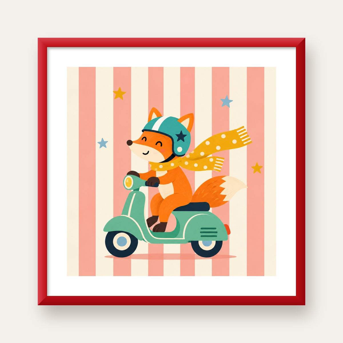 Çocuk Odası İçin Motorlu Tilki İllüstrasyon Poster — kırmızı çerçeveli paspartulu