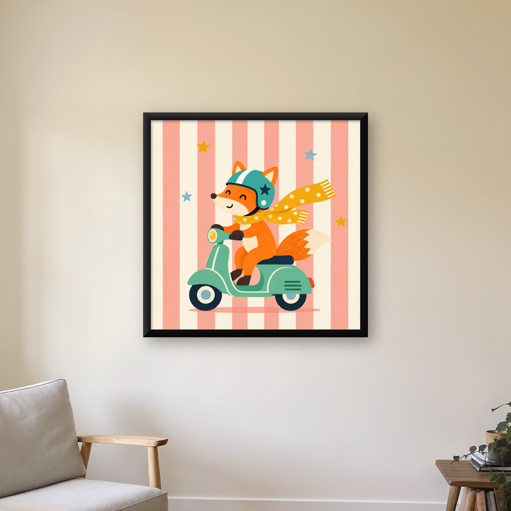 Çocuk Odası İçin Motorlu Tilki İllüstrasyon Poster — Kare baskı, çerçeveli hâliyle bir ev duvarında