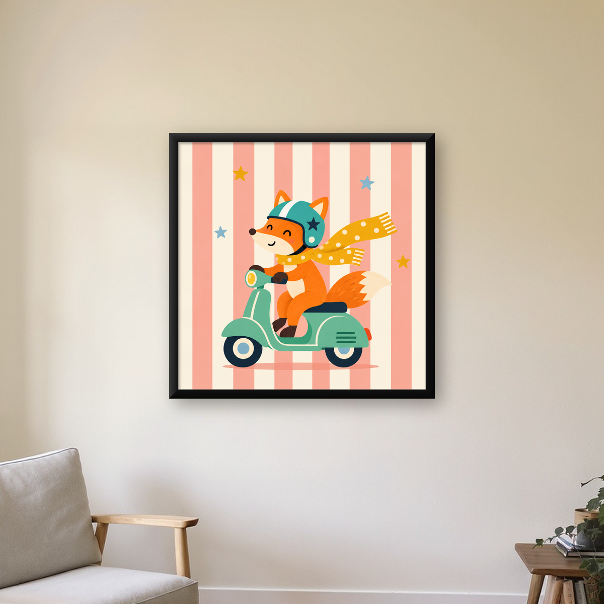 Çocuk Odası İçin Motorlu Tilki İllüstrasyon Poster — Kare baskı, çerçeveli hâliyle bir ev duvarında