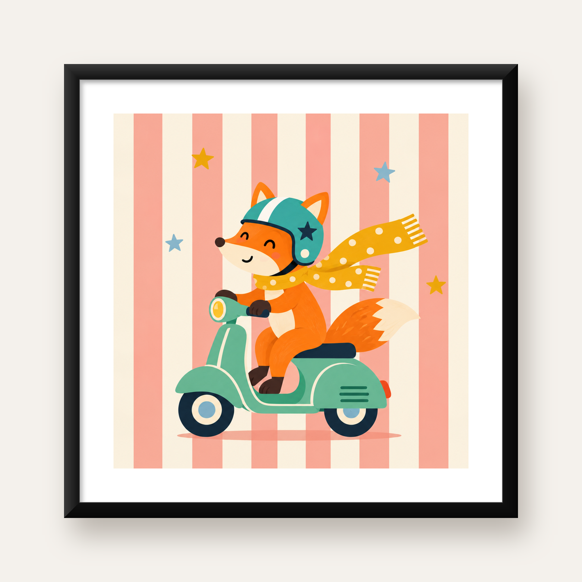 Çocuk Odası İçin Motorlu Tilki İllüstrasyon Poster — Kare baskı, beyaz kenar boşluklu