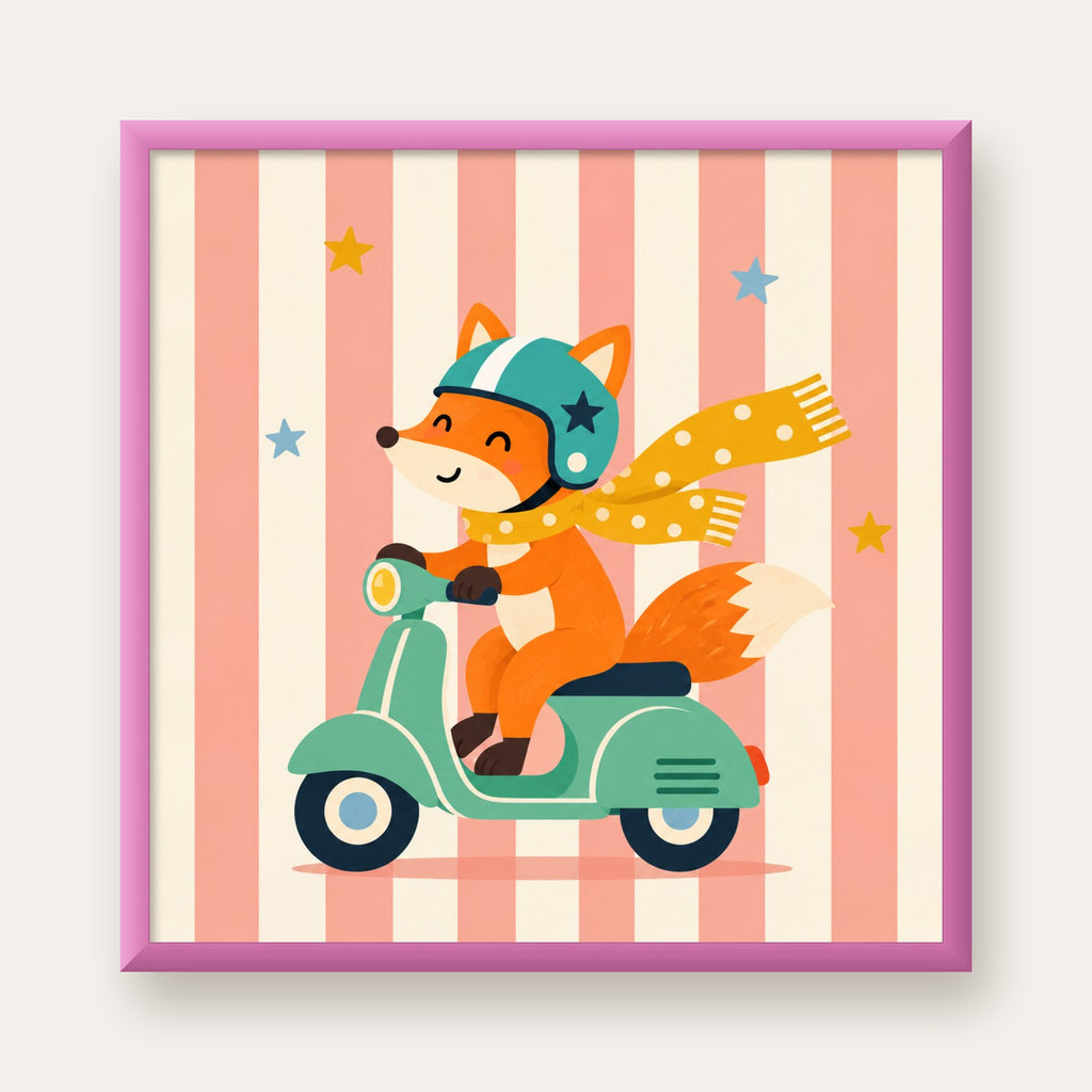 Çocuk Odası İçin Motorlu Tilki İllüstrasyon Poster — pembe çerçeveli