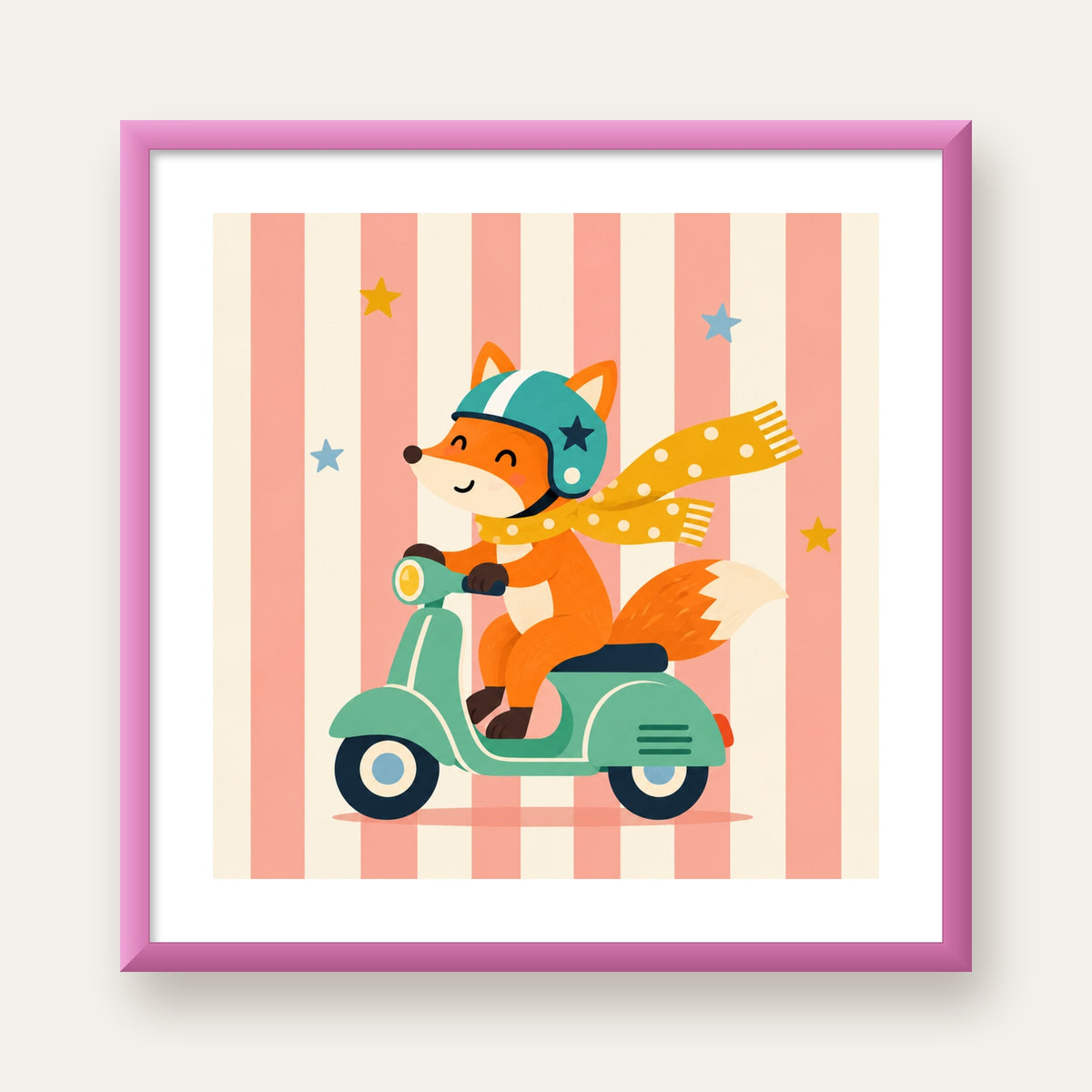 Çocuk Odası İçin Motorlu Tilki İllüstrasyon Poster — pembe çerçeveli paspartulu