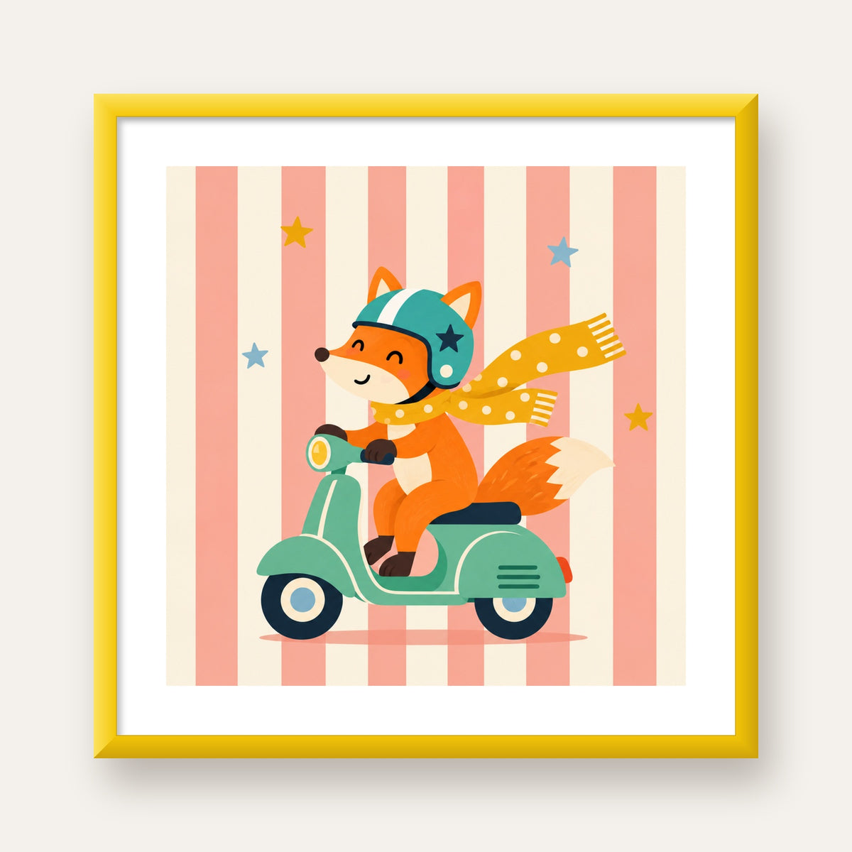 Çocuk Odası İçin Motorlu Tilki İllüstrasyon Poster — sarı çerçeveli paspartulu