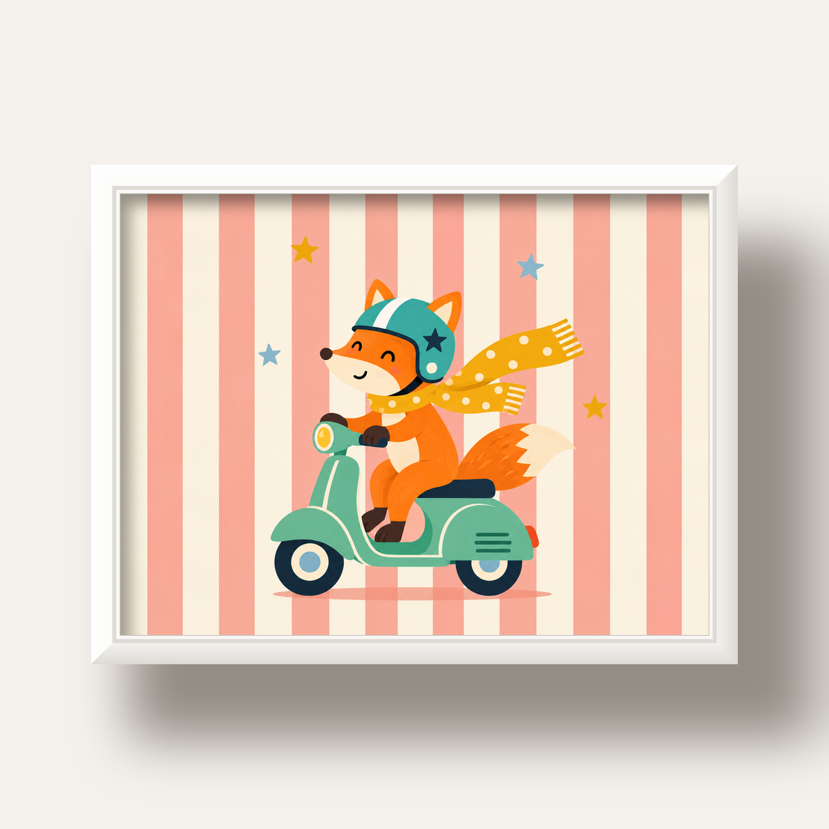Çocuk Odası İçin Motorlu Tilki İllüstrasyon Poster — beyaz derin çerçeveli