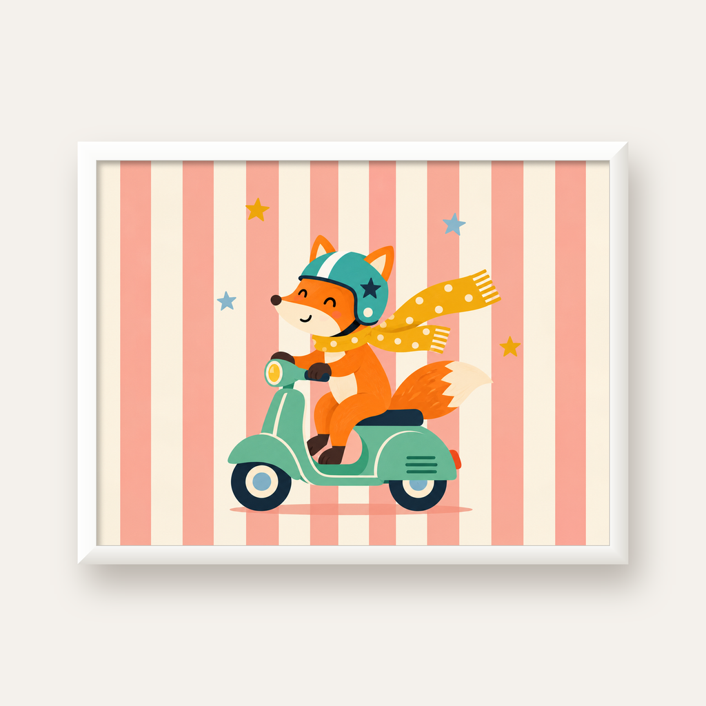 Çocuk Odası İçin Motorlu Tilki İllüstrasyon Poster — beyaz çerçeveli yatay poster