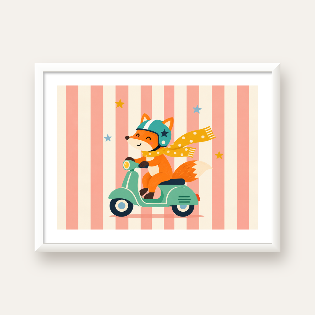 Çocuk Odası İçin Motorlu Tilki İllüstrasyon Poster — beyaz çerçeveli yatay poster