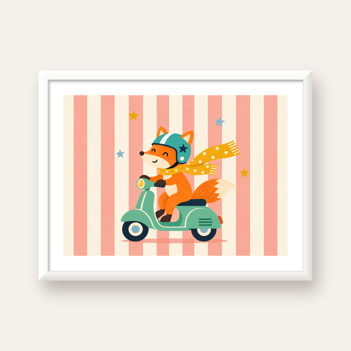 Çocuk Odası İçin Motorlu Tilki İllüstrasyon Poster — beyaz çerçeveli yatay poster