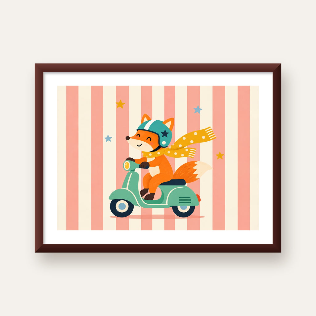 Çocuk Odası İçin Motorlu Tilki İllüstrasyon Poster — ceviz çerçeveli paspartulu