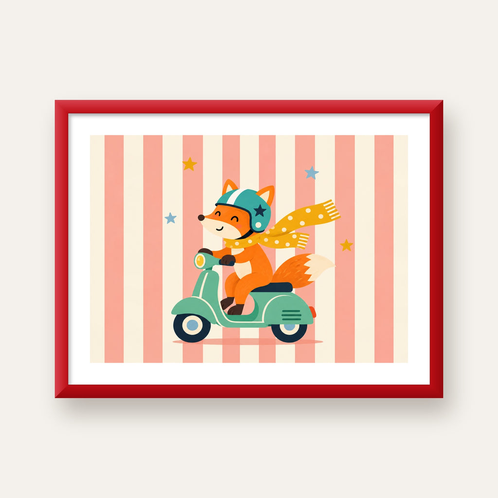 Çocuk Odası İçin Motorlu Tilki İllüstrasyon Poster — kırmızı çerçeveli paspartulu