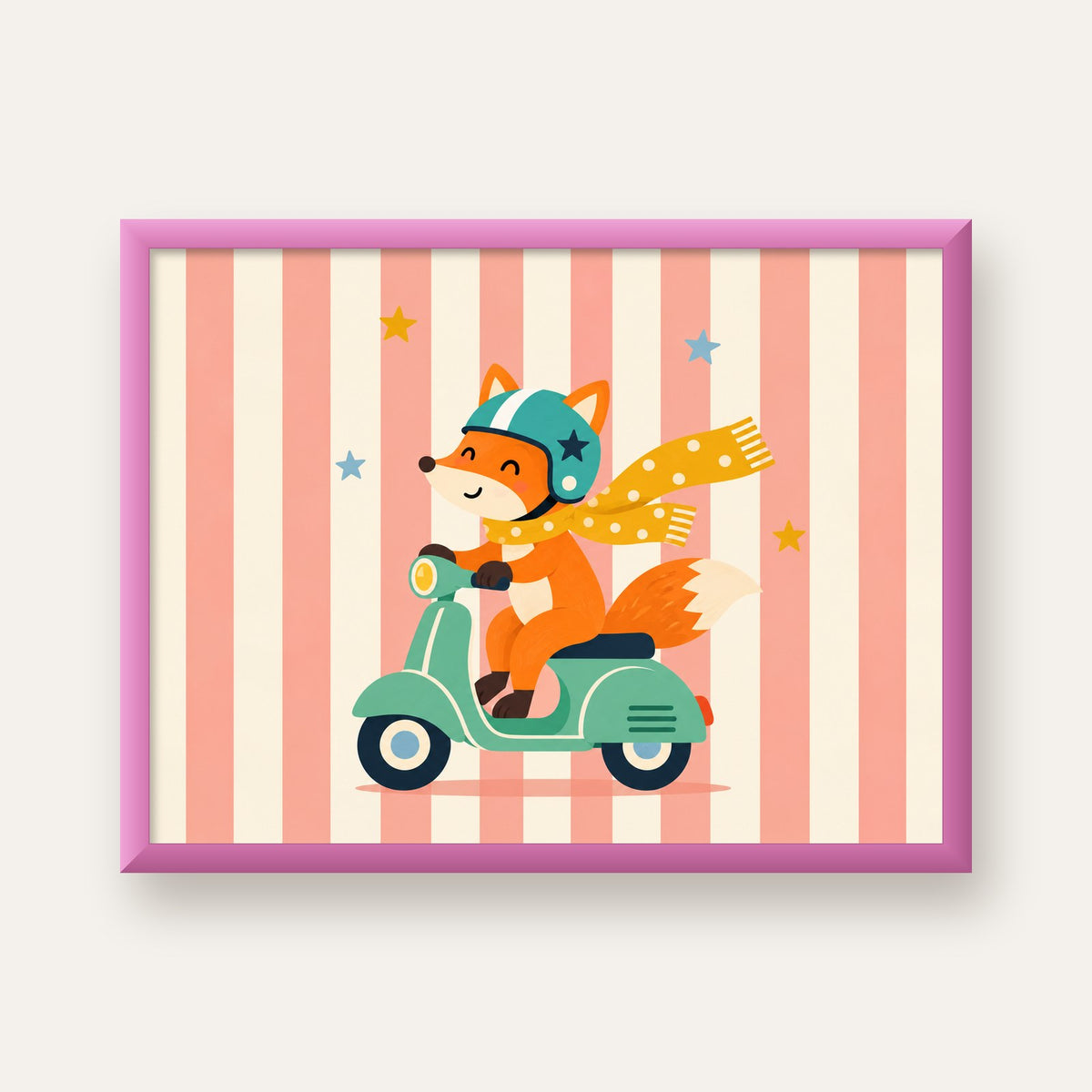 Çocuk Odası İçin Motorlu Tilki İllüstrasyon Poster — pembe çerçeveli