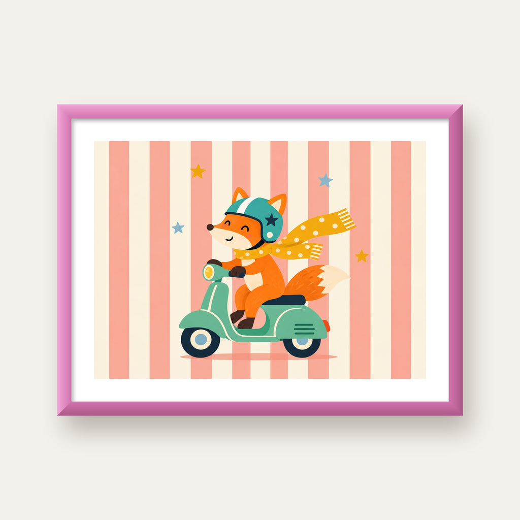 Çocuk Odası İçin Motorlu Tilki İllüstrasyon Poster — pembe çerçeveli paspartulu