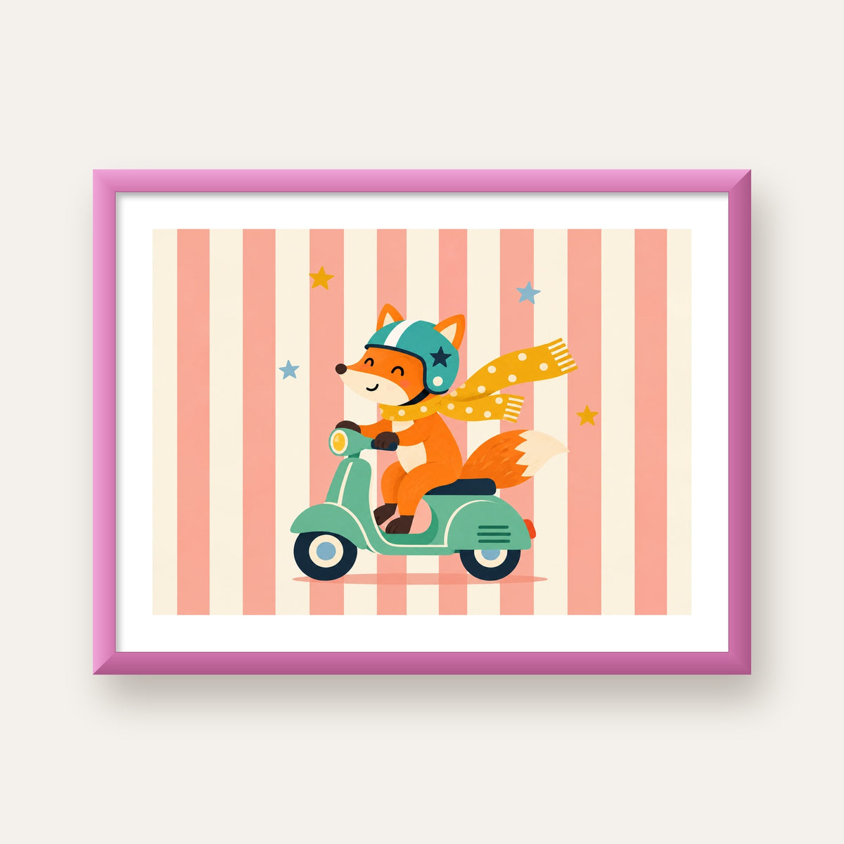 Çocuk Odası İçin Motorlu Tilki İllüstrasyon Poster — pembe çerçeveli paspartulu
