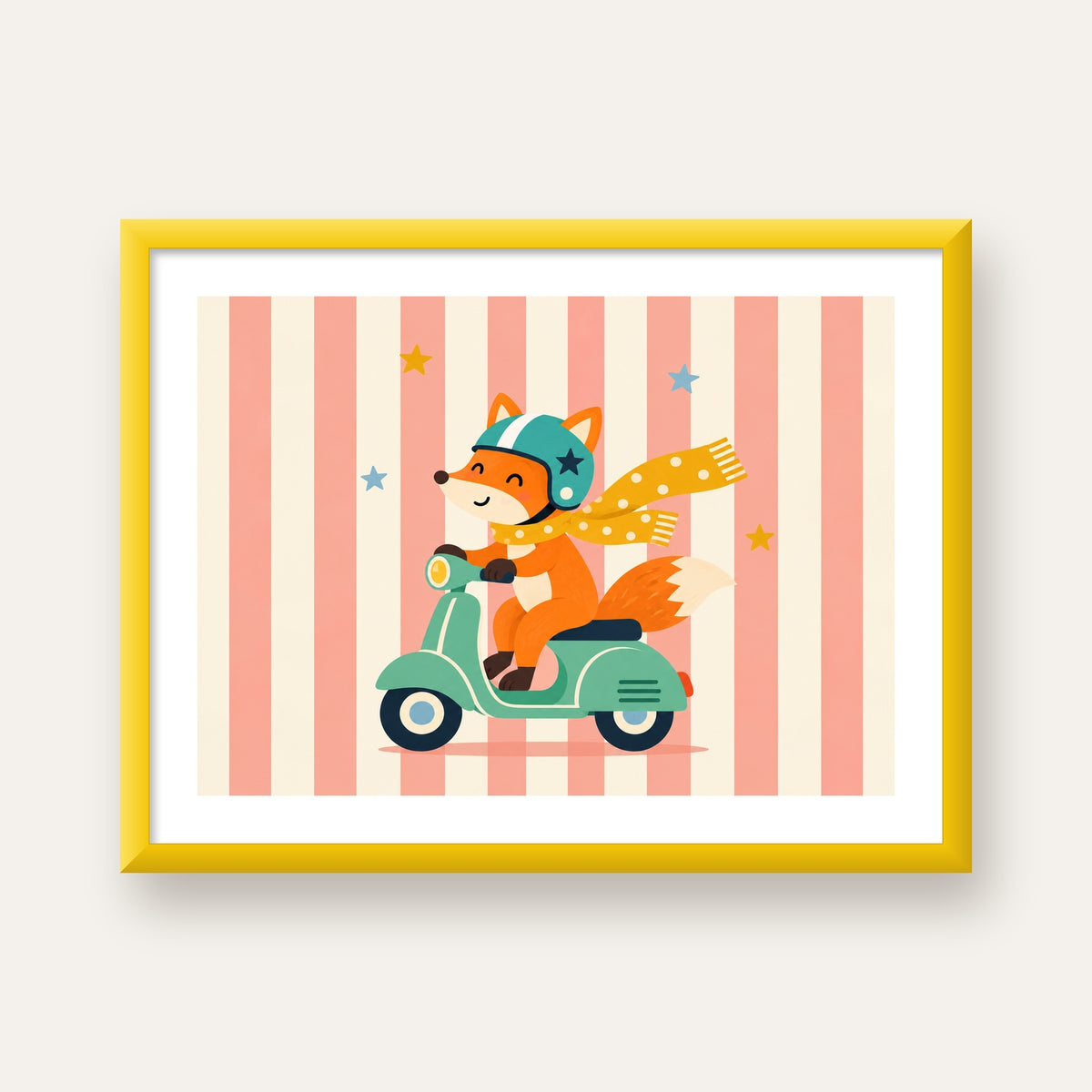Çocuk Odası İçin Motorlu Tilki İllüstrasyon Poster — sarı çerçeveli paspartulu