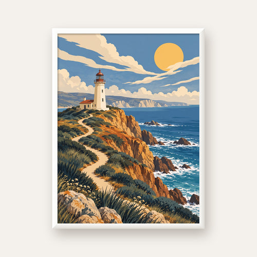 Deniz Feneri ve Kayalık Sahil Dijital Poster – Manzara Baskı — beyaz çerçeveli dikey poster