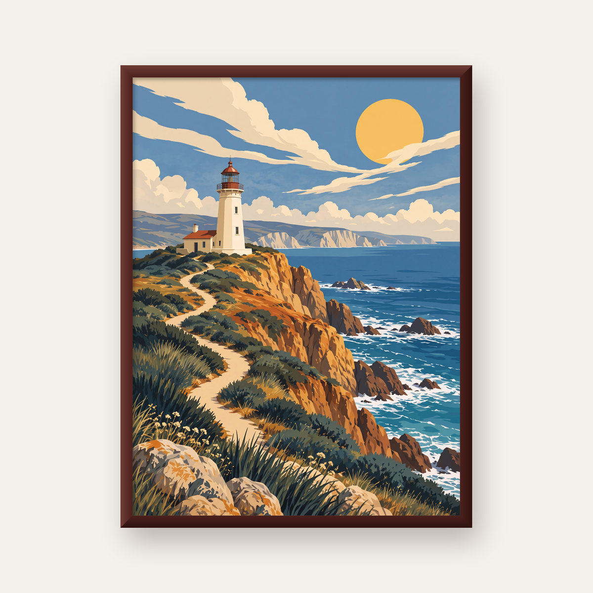 Deniz Feneri ve Kayalık Sahil Dijital Poster – Manzara Baskı — ceviz çerçeveli