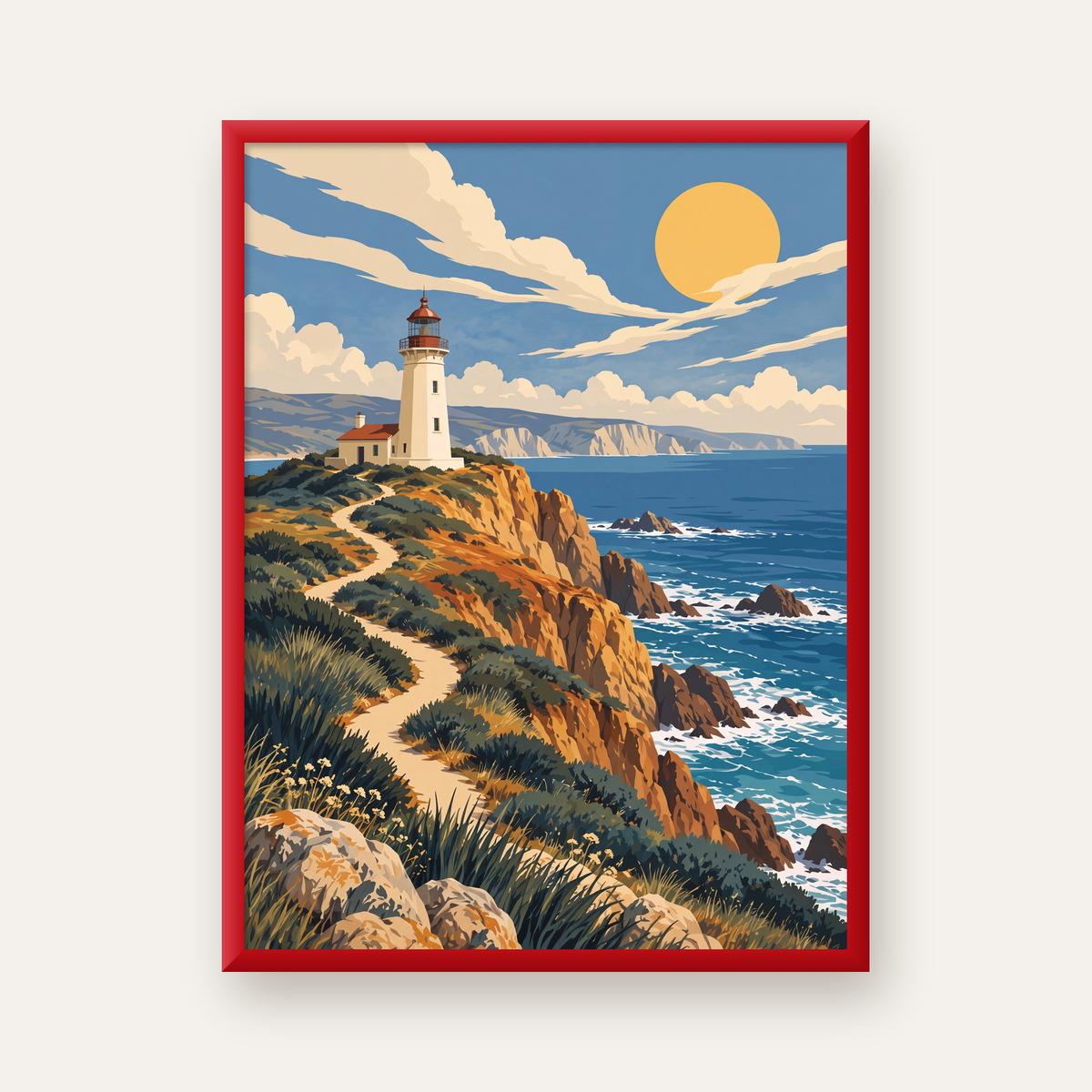 Deniz Feneri ve Kayalık Sahil Dijital Poster – Manzara Baskı — kırmızı çerçeveli