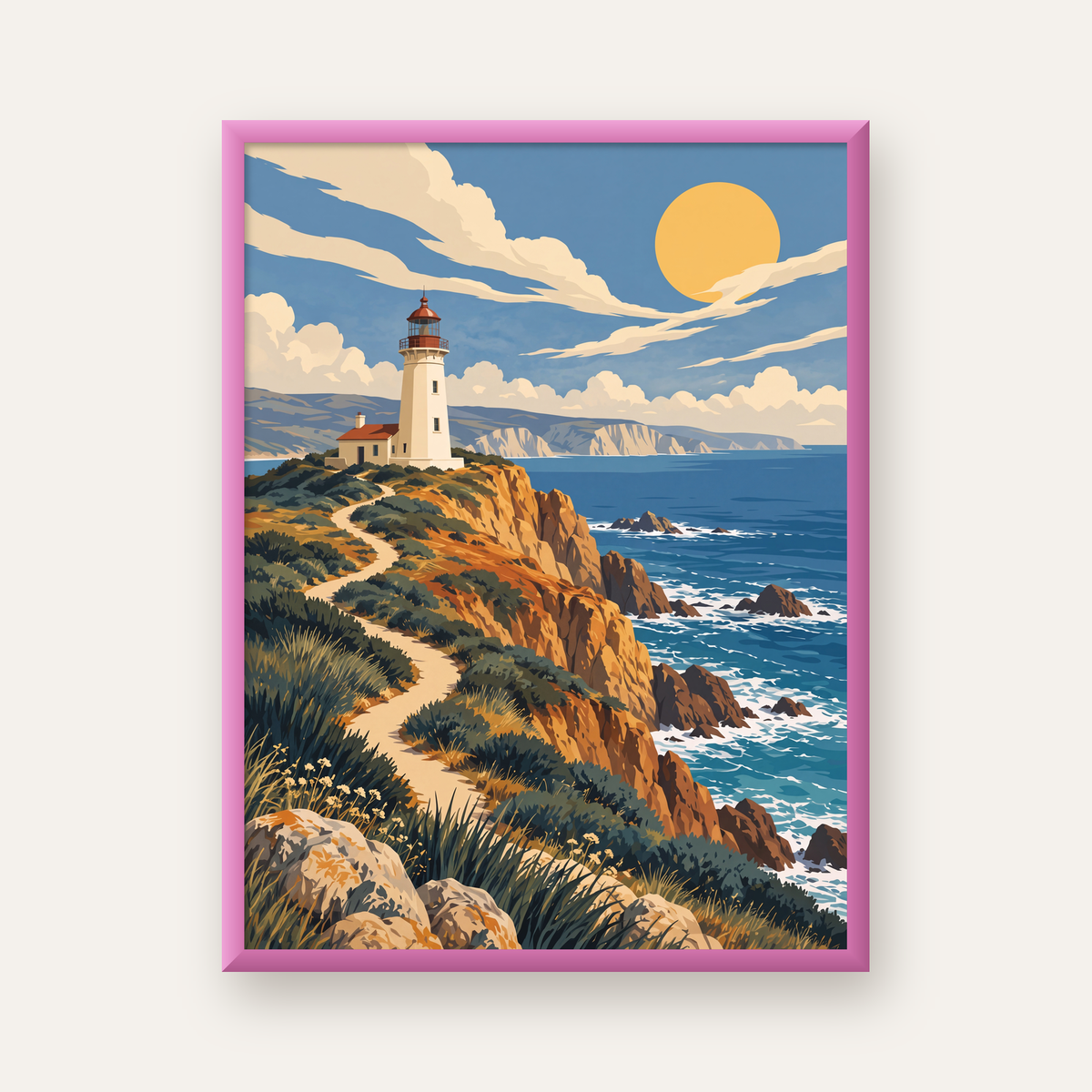 Deniz Feneri ve Kayalık Sahil Dijital Poster – Manzara Baskı — pembe çerçeveli