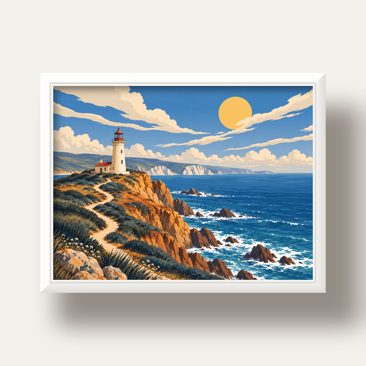 Deniz Feneri ve Kayalık Sahil Dijital Poster – Manzara Baskı — beyaz derin çerçeveli