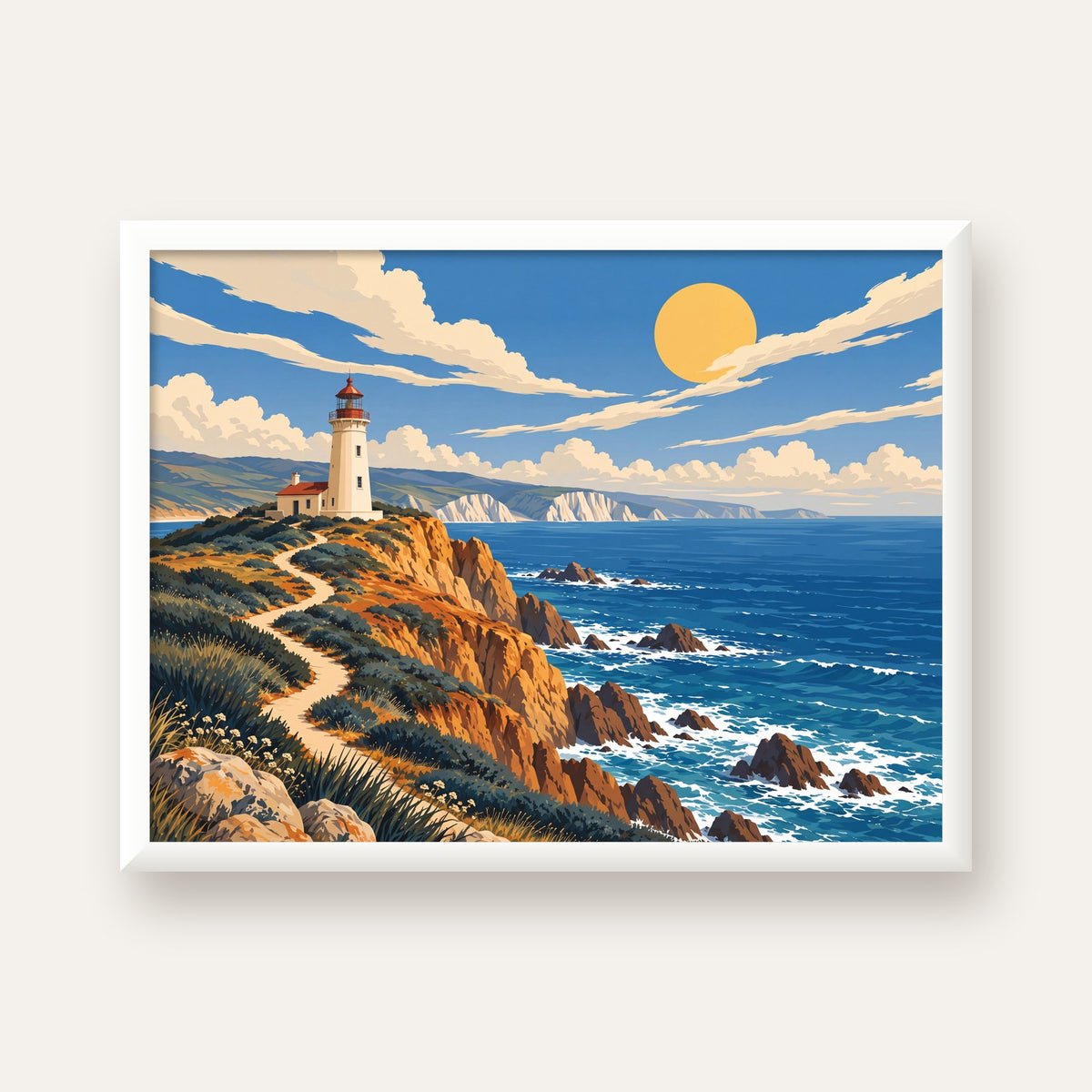 Deniz Feneri ve Kayalık Sahil Dijital Poster – Manzara Baskı — beyaz çerçeveli yatay poster