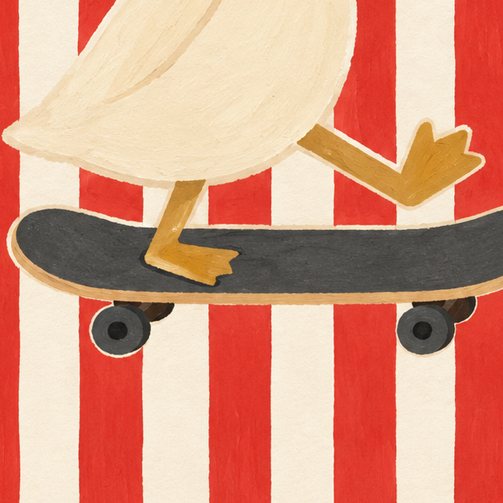 Kaykay Yapan Şapkalı Ördek Poster – Eğlenceli Dijital Sanat — baskının yakın çekimi, kâğıt dokusu ve renk detayı