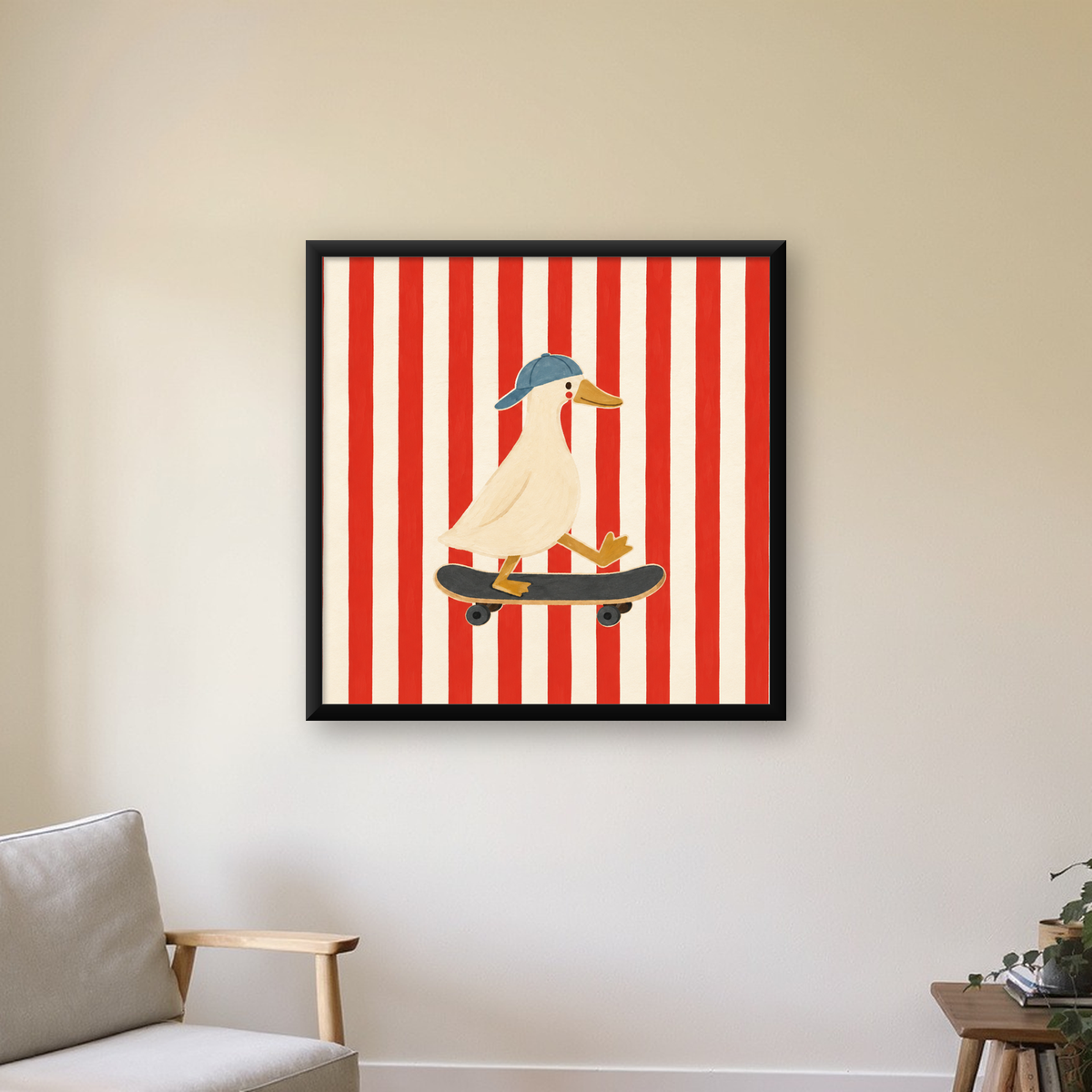 Kaykay Yapan Şapkalı Ördek Poster – Eğlenceli Dijital Sanat — Kare baskı, çerçeveli hâliyle bir ev duvarında