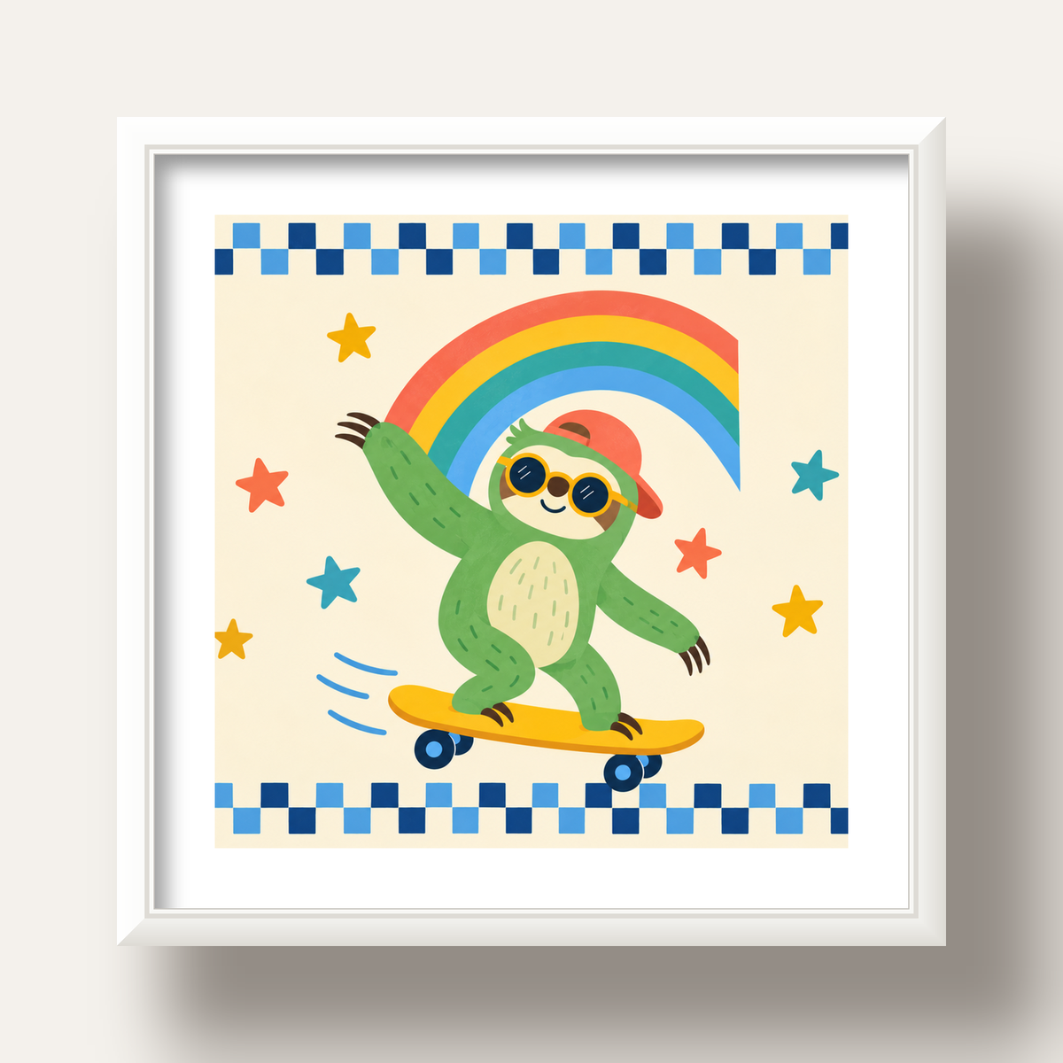 Kaykay Yapan Tembel Hayvan Çocuk Odası Poster Sanatı — beyaz derin çerçeveli paspartulu